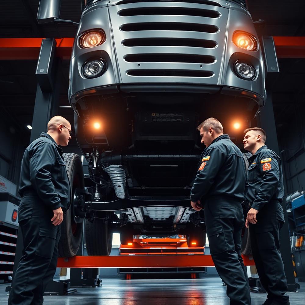 Diesel technicians inspecting the chassis of a semi truck raised on a heavy-duty lift