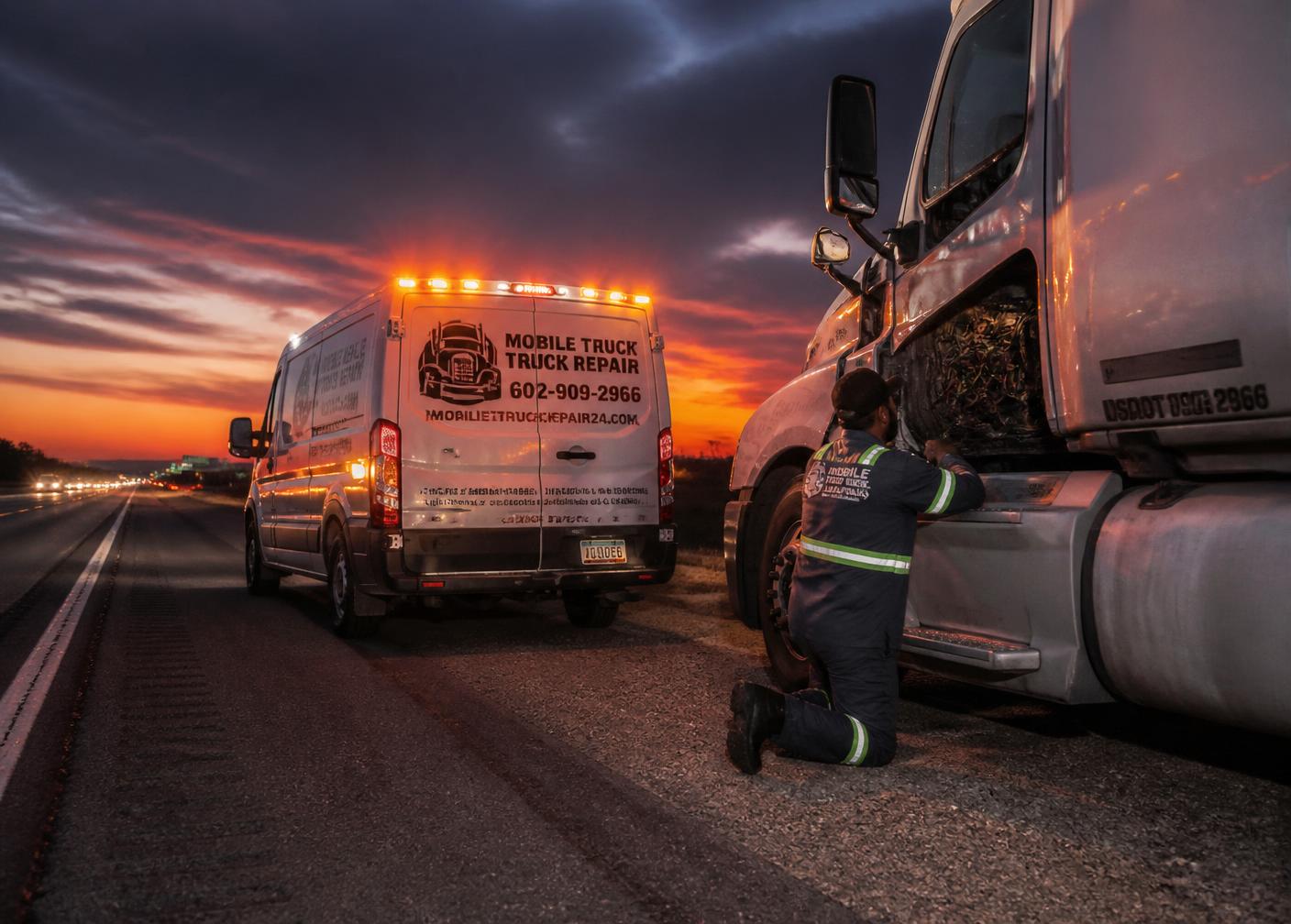 Mobile service van assisting a broken down semi truck at dusk