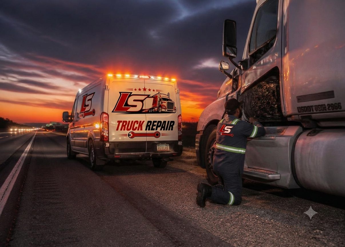 LS Truck Repair mobile service van assisting a semi truck on the highway shoulder at sunset
